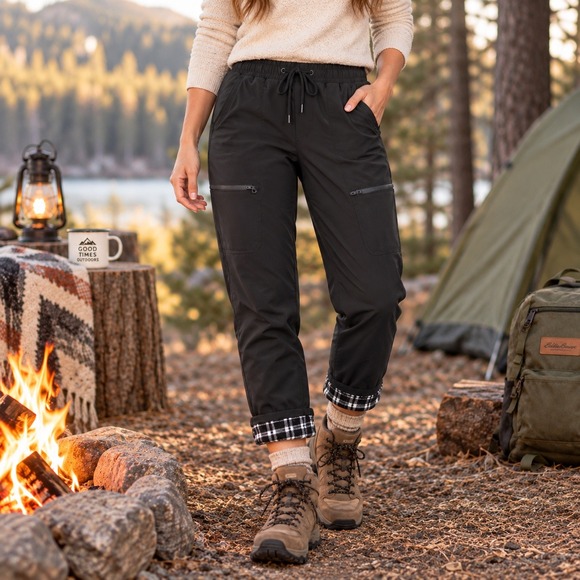 Eddie Bauer Pants - Eddie Bauer Fleece Lined Jogger Pants Women 8 Black Plaid Hiking Utility Cargo